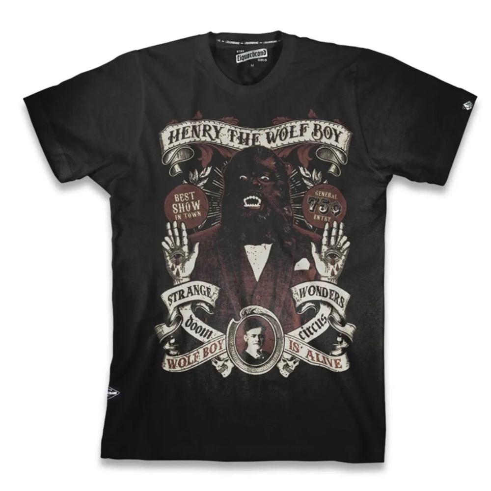 NWT Mens Black Liquor Brand Henry The Wolfboy Short Sleeve T Shirt Circus Freak